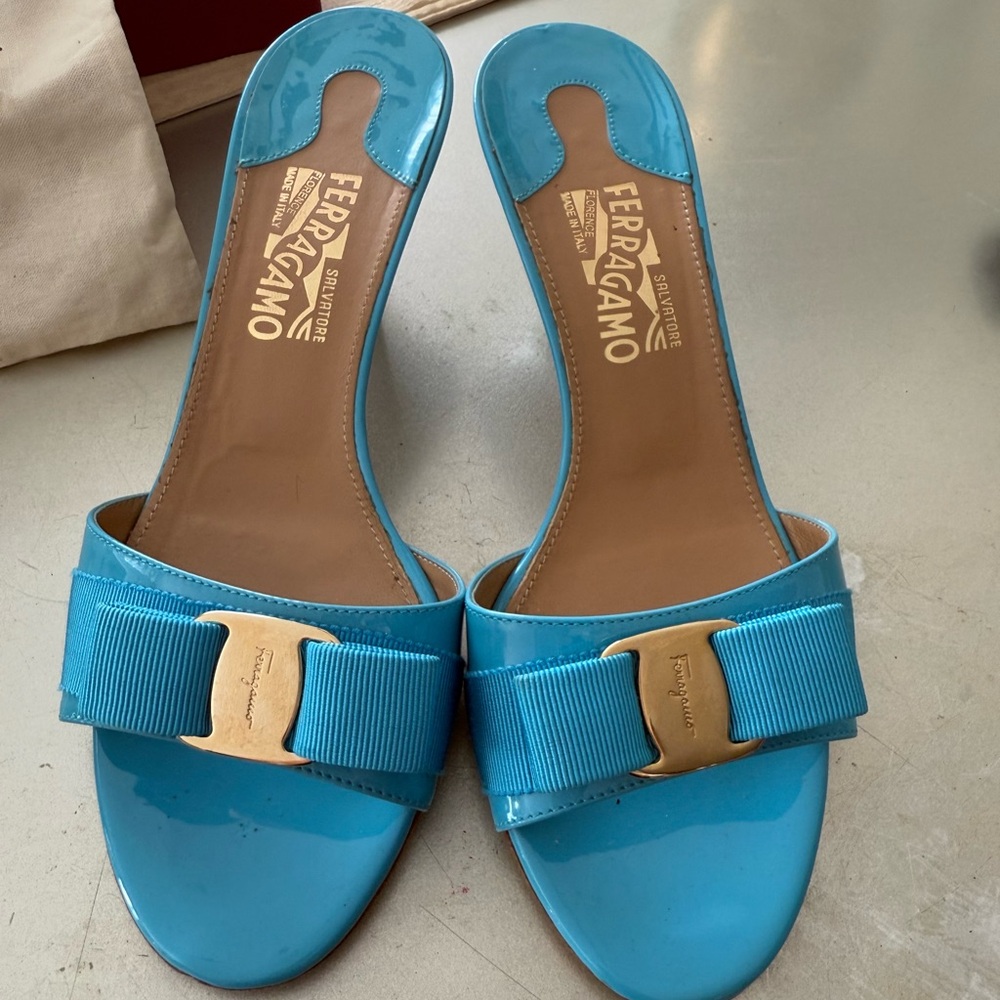 Salvatore Ferragamo Turquoise Mules with Gold Accent